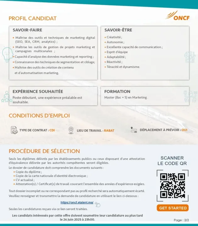 L'ONCF recrute 14 profils compétents et motivés pour occuper des postes clés en 2025