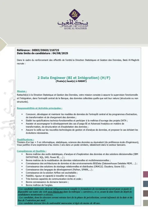Bank Al Maghrib : Concours de recrutement de 08 profils pour des postes clés
