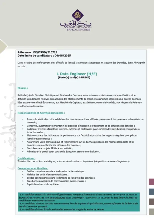 Bank Al Maghrib : Concours de recrutement de 08 profils pour des postes clés