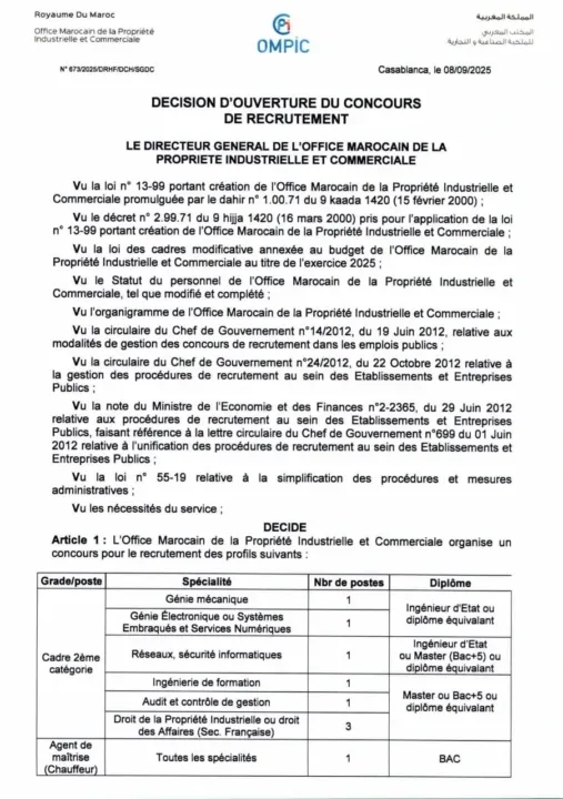 Concours OMPIC 2025 : 9 Postes Stratégiques à Pourvoir au Maroc 